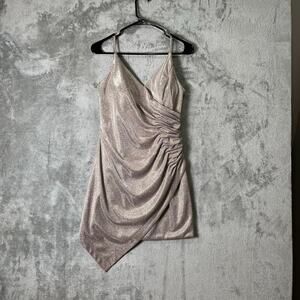 IEENA Mac‎ Duggal Shimmer Ruched Asymmetrical Cocktail Mini Dress 8 Rose Pink
